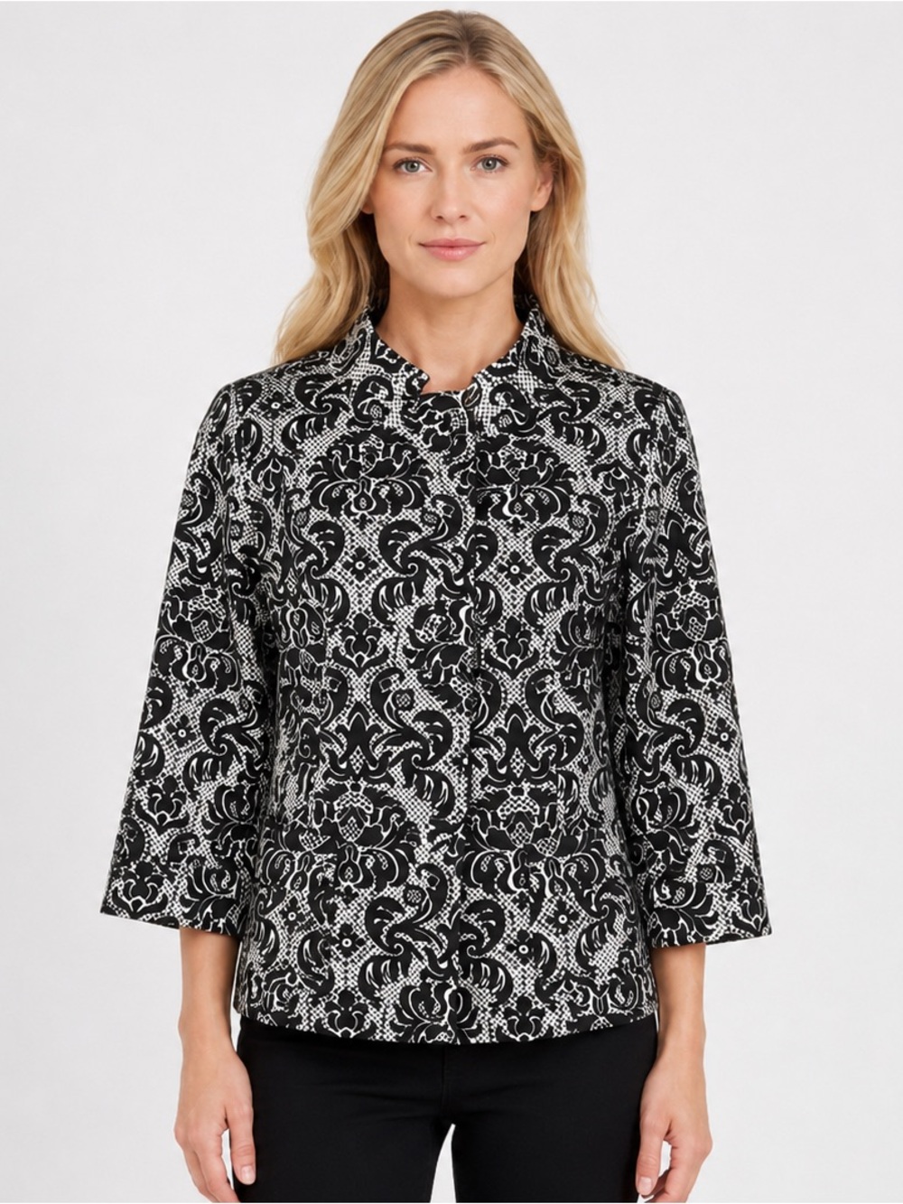 Talbots Petites Black & White Damask Print Jacket Blazer Size 12 Petite